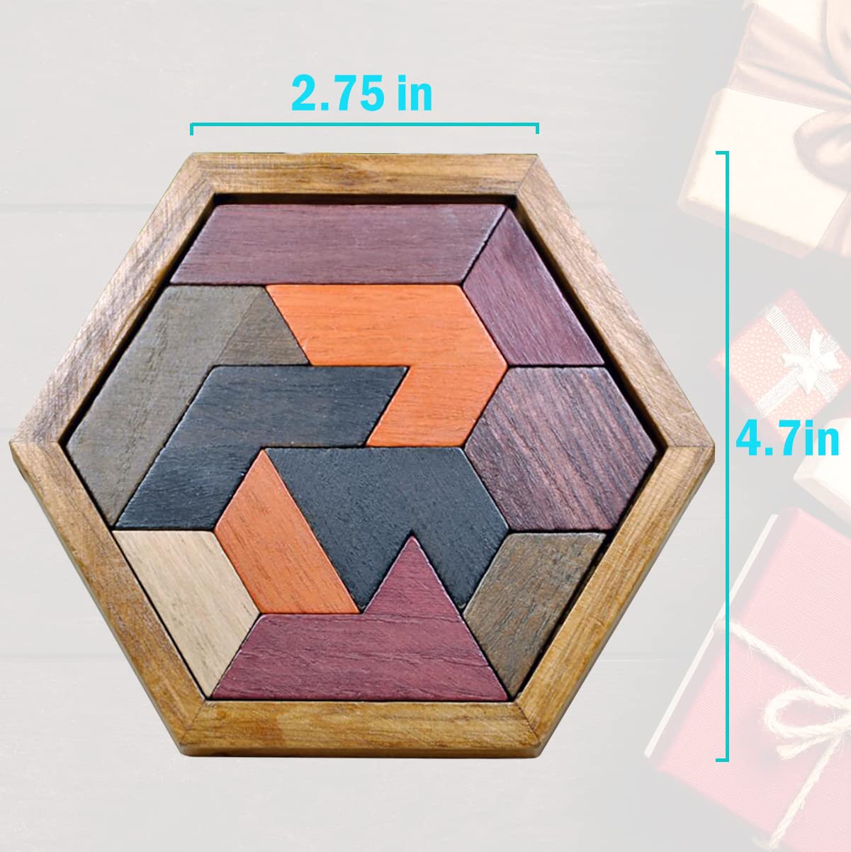 KINGOU Wooden Hexagon Tangram Puzzle for Kids and Adults