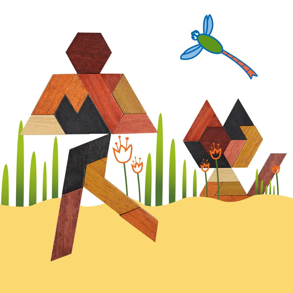 KINGOU Wooden Hexagon Tangram Puzzle for Kids and Adults