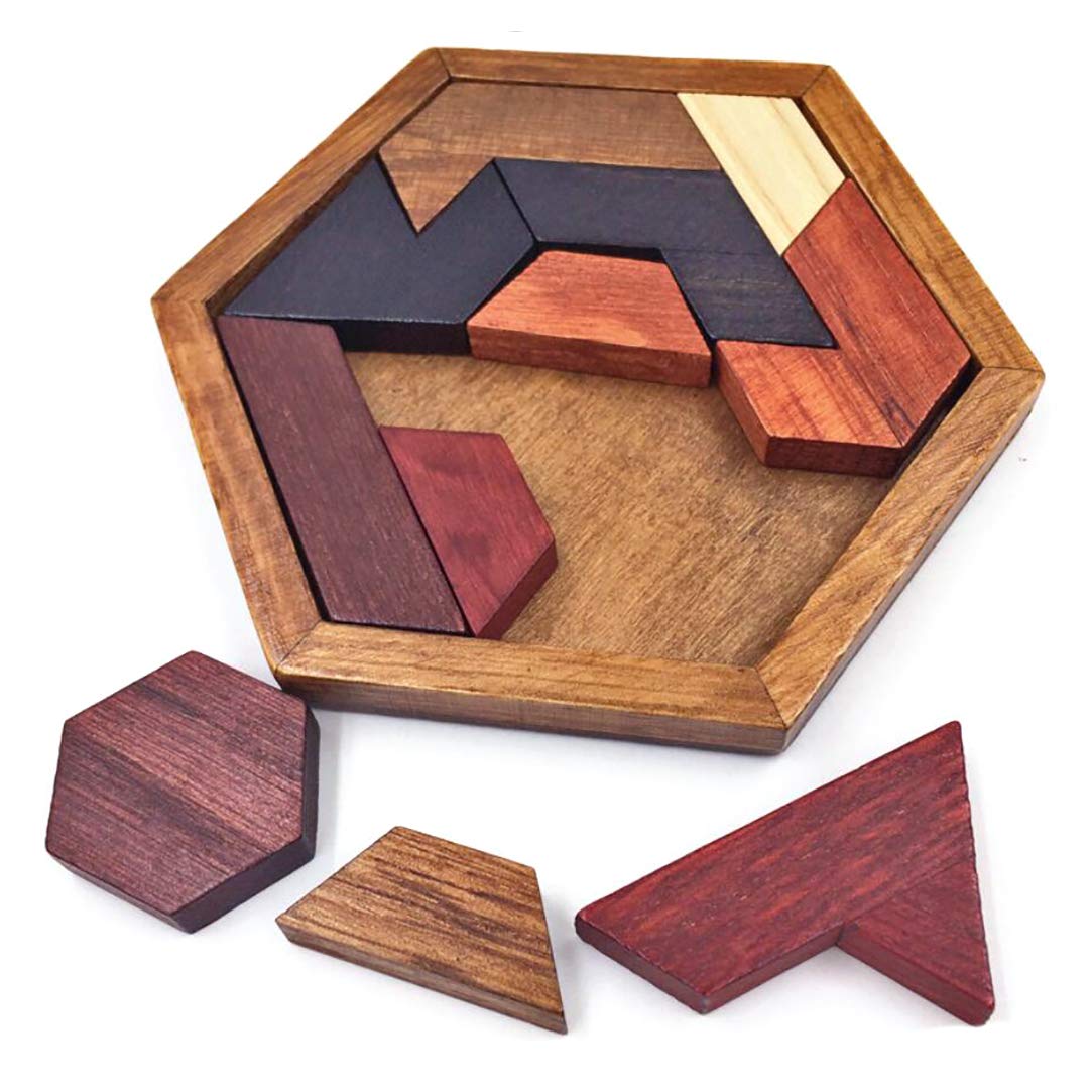 KINGOU Wooden Hexagon Tangram Puzzle for Kids and Adults