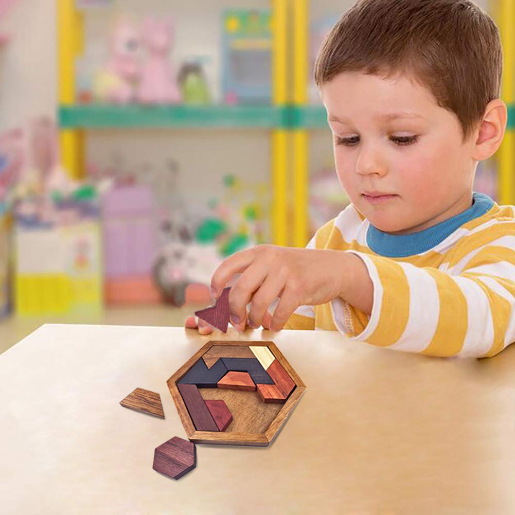 KINGOU Wooden Hexagon Tangram Puzzle for Kids and Adults