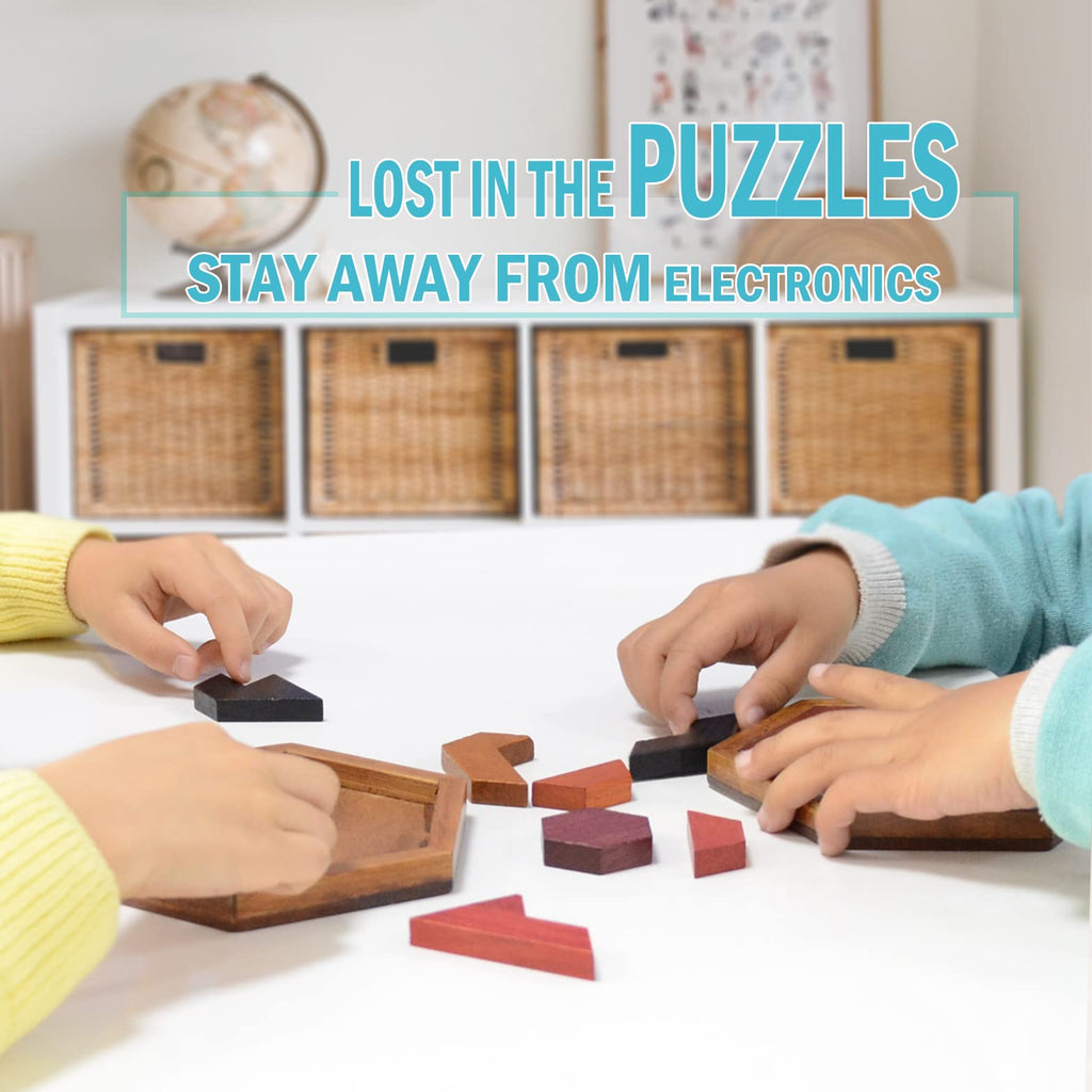 KINGOU Wooden Hexagon Tangram Puzzle for Kids and Adults