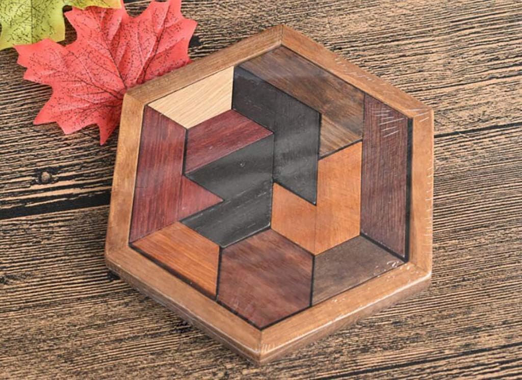 KINGOU Wooden Hexagon Tangram Puzzle for Kids and Adults