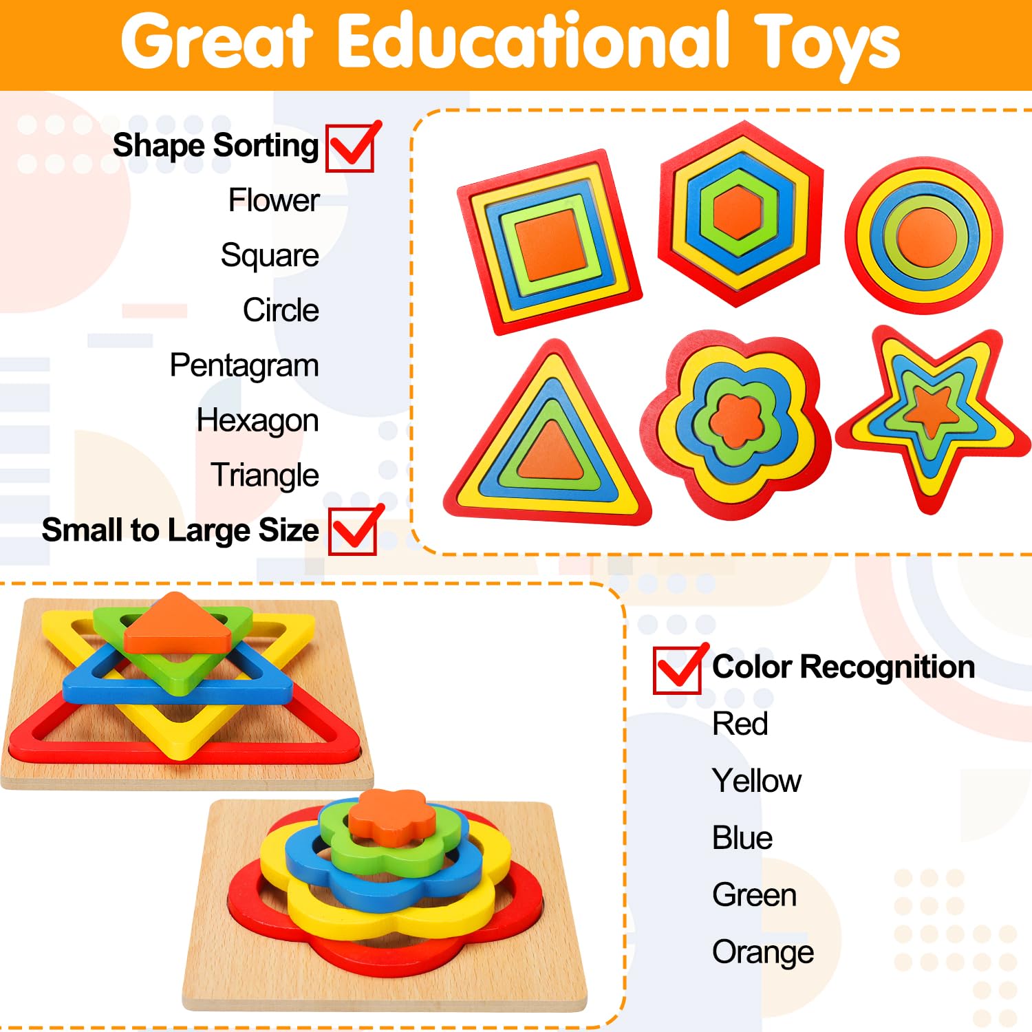 AugToy Montessori Wooden Shape Sorting Puzzle for Toddlers